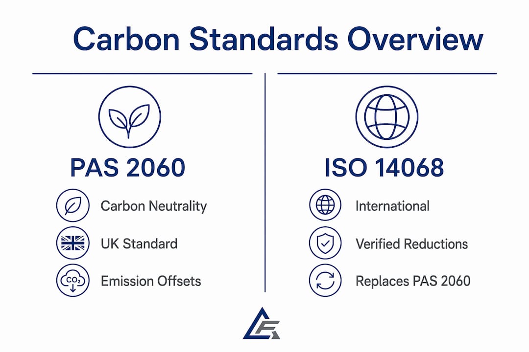 Infographic comparing PAS 2060 and ISO 14068 carbon standards