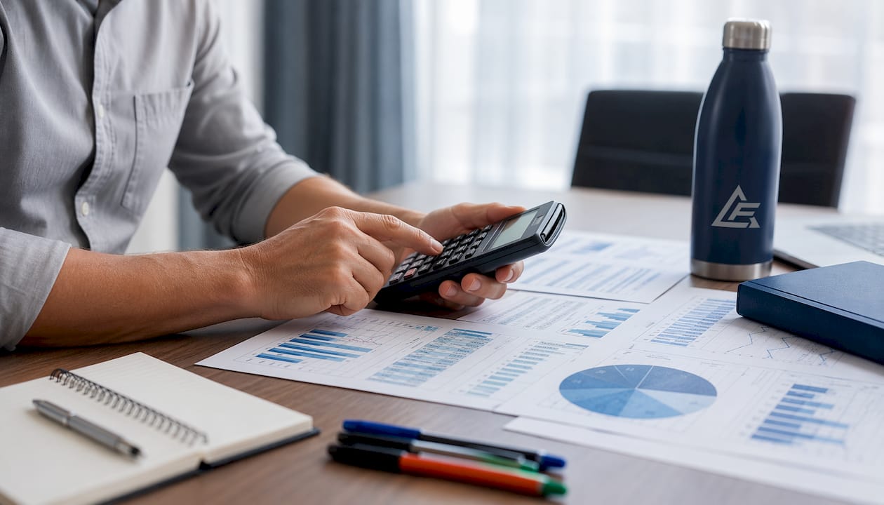 Hands calculating energy data with binder on desk