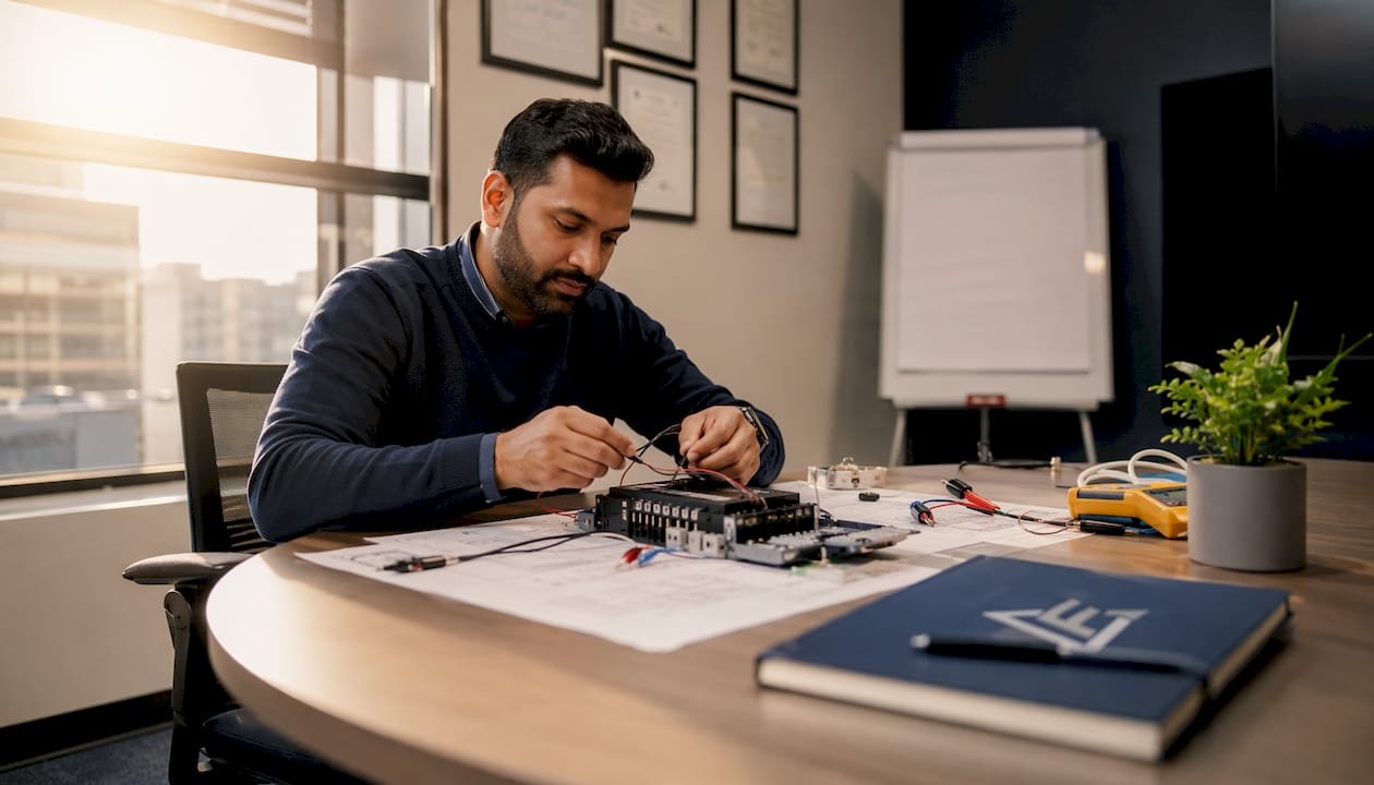 Technician assembling control panel in UK office