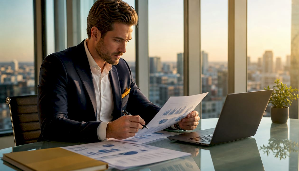 Hands pointing at financial report on conference table
