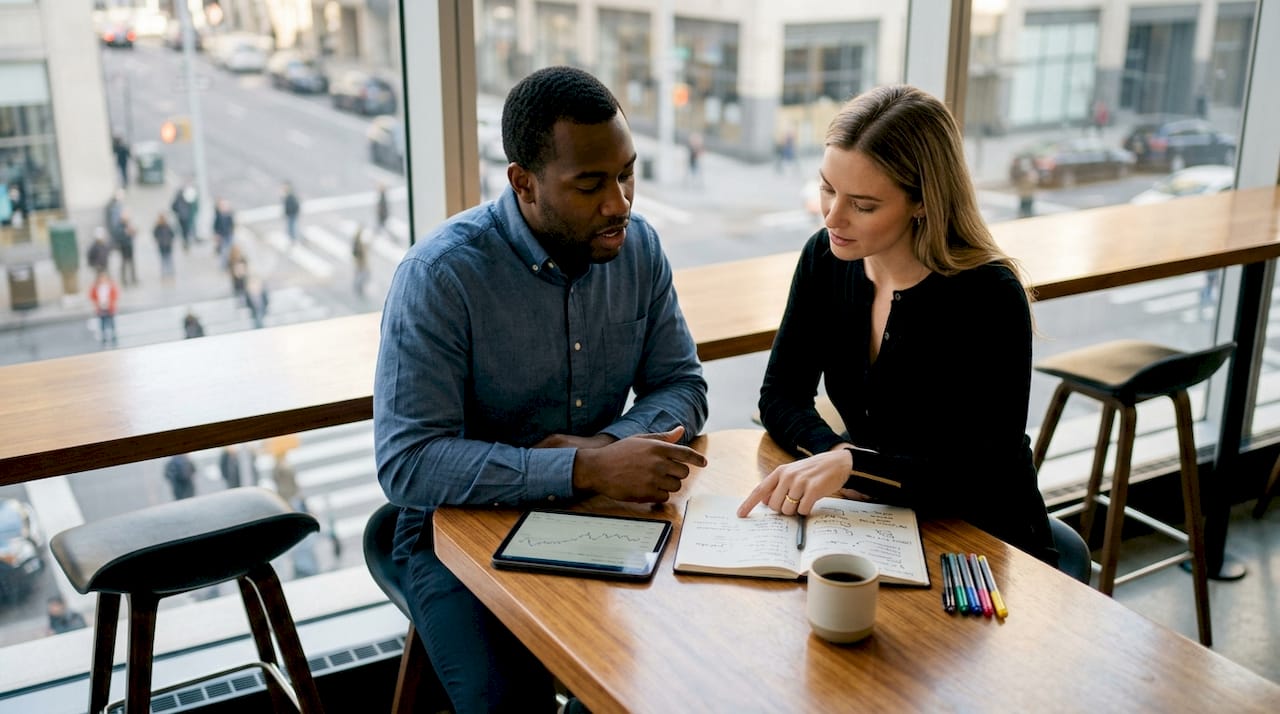 Pair discussing startup financial metrics