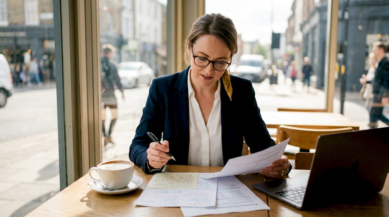 Entrepreneur reviewing fundraising plan in office