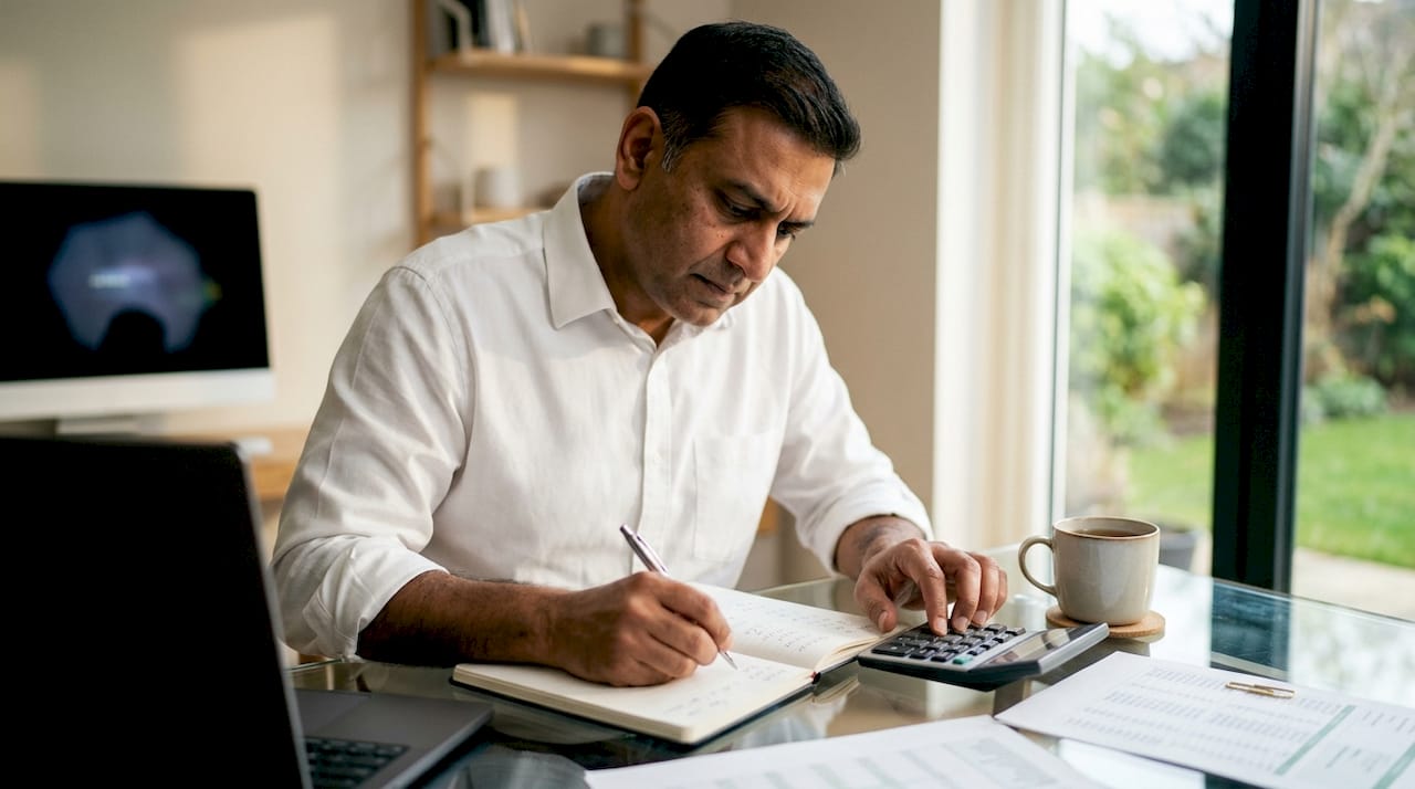 Hands calculating burn rate on home desk