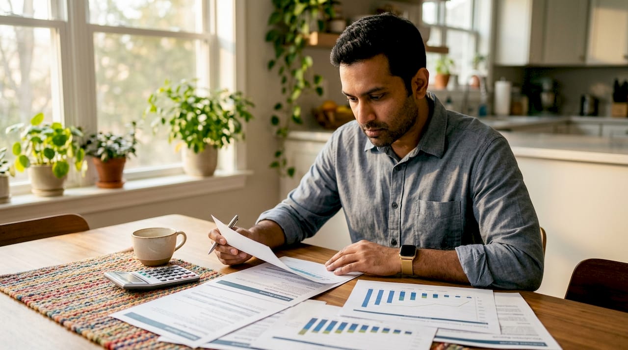 Analyst reviewing financial valuation documents