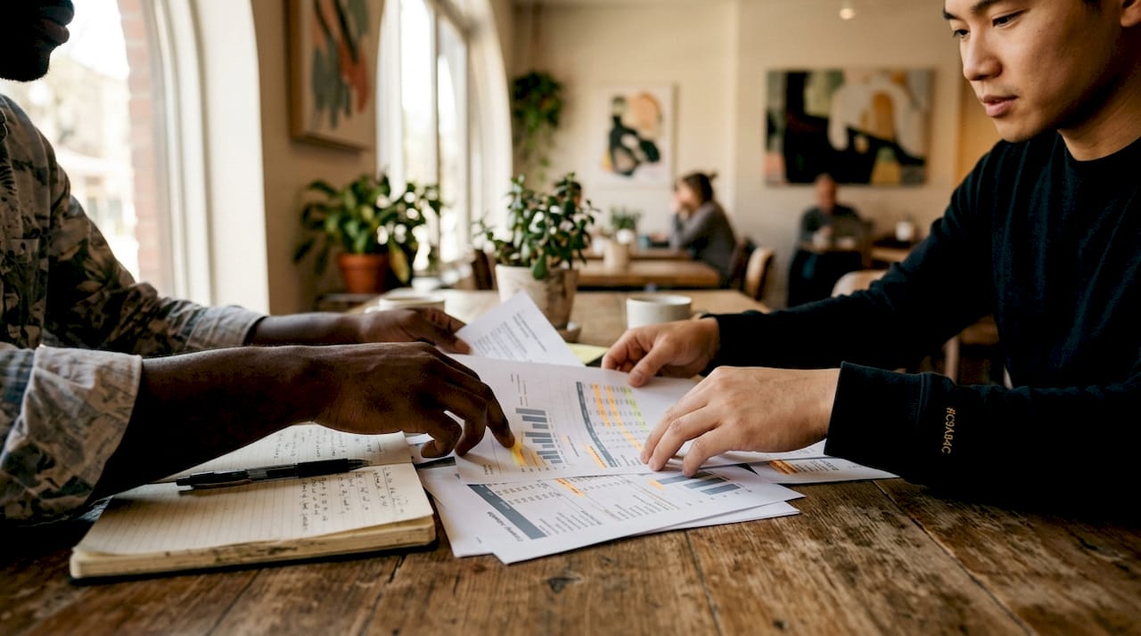 Hands sorting valuation method charts on table