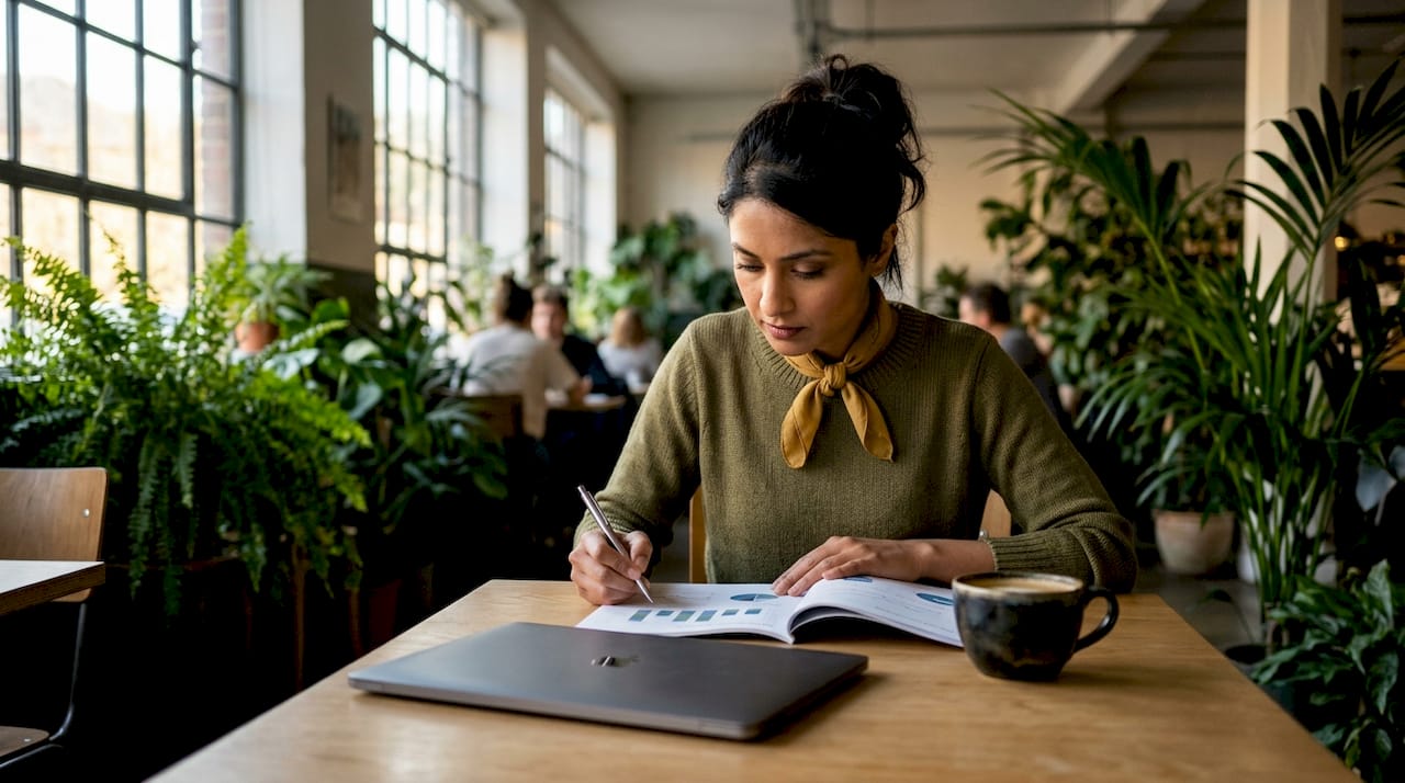 Woman analyzing SaaS financial KPIs at desk