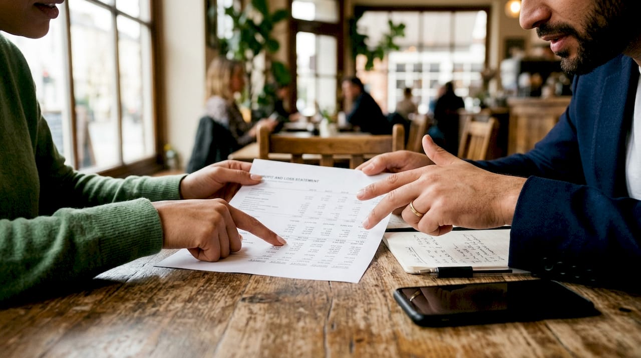 Hands pointing at financial statements on desk