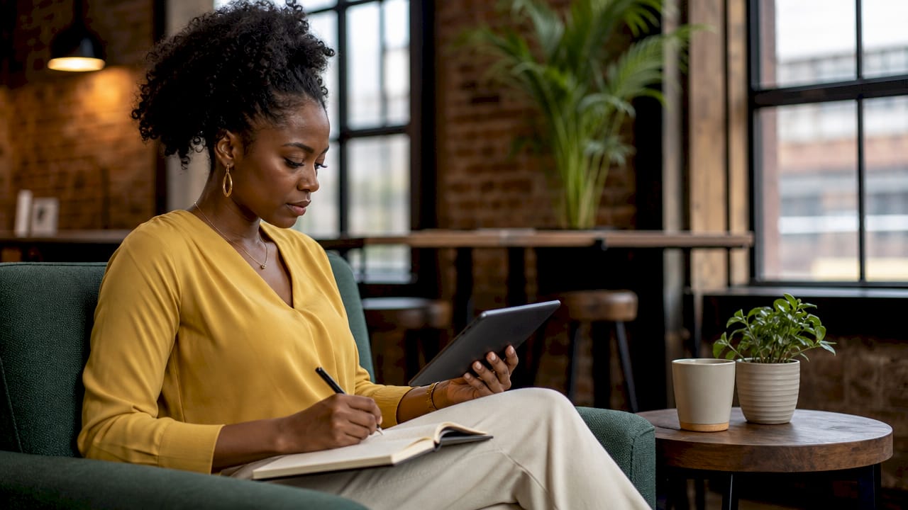 Entrepreneur reviewing business sale planning at home