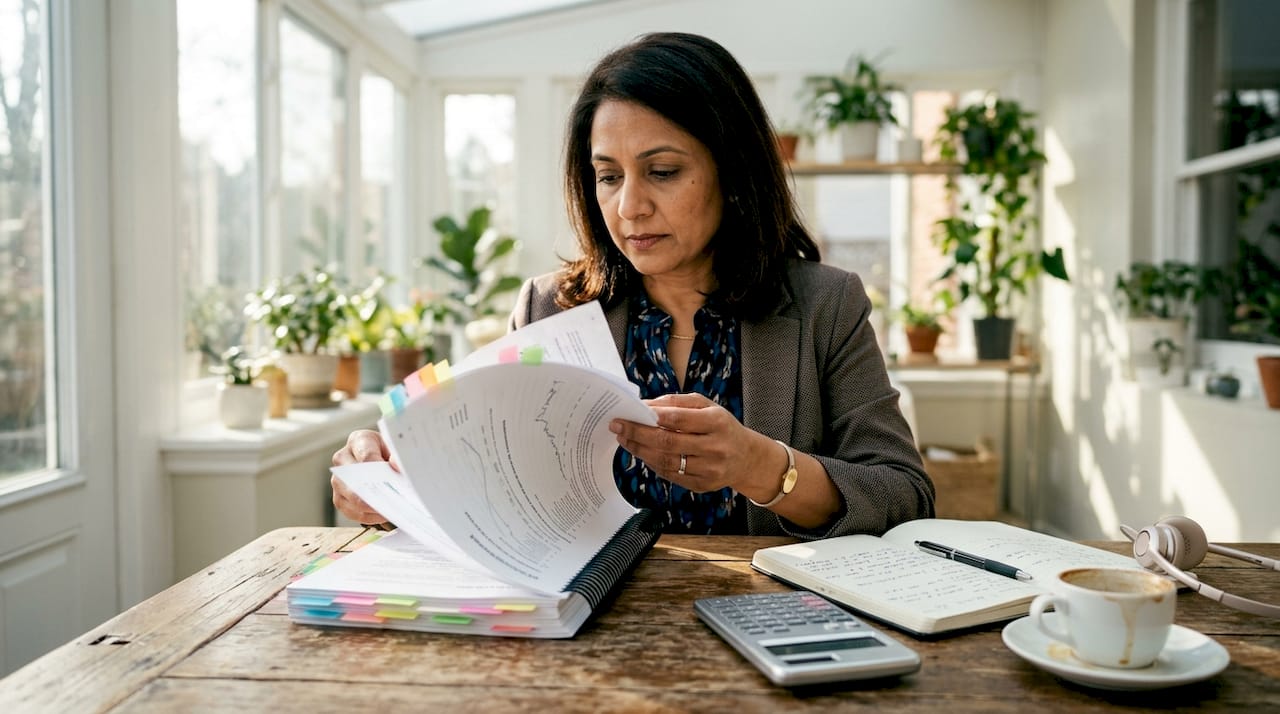 Business owner reviewing valuation documents at desk