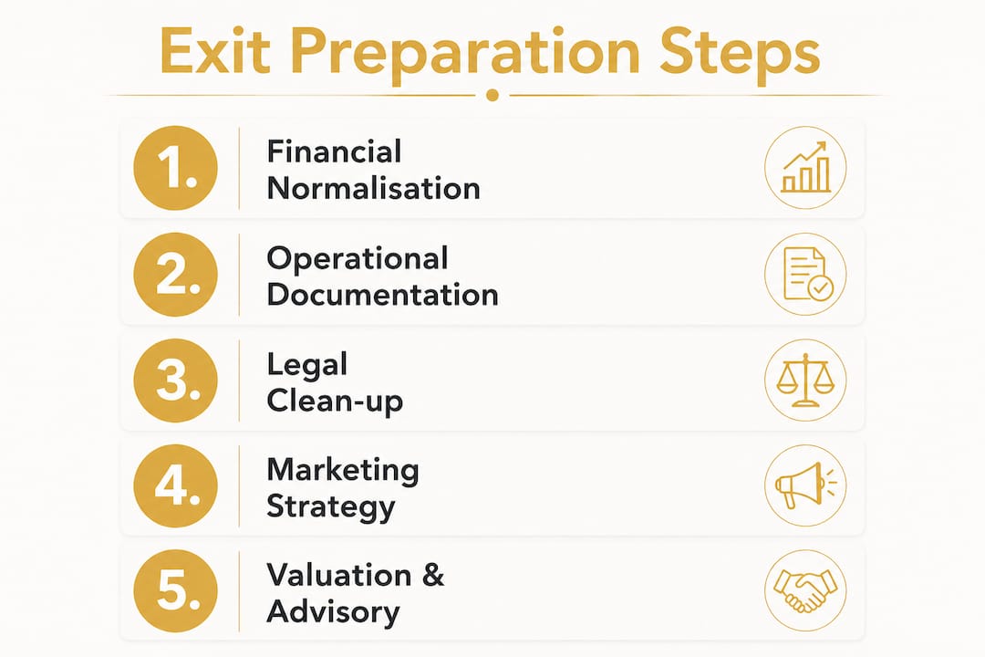 Infographic illustrating business exit preparation steps