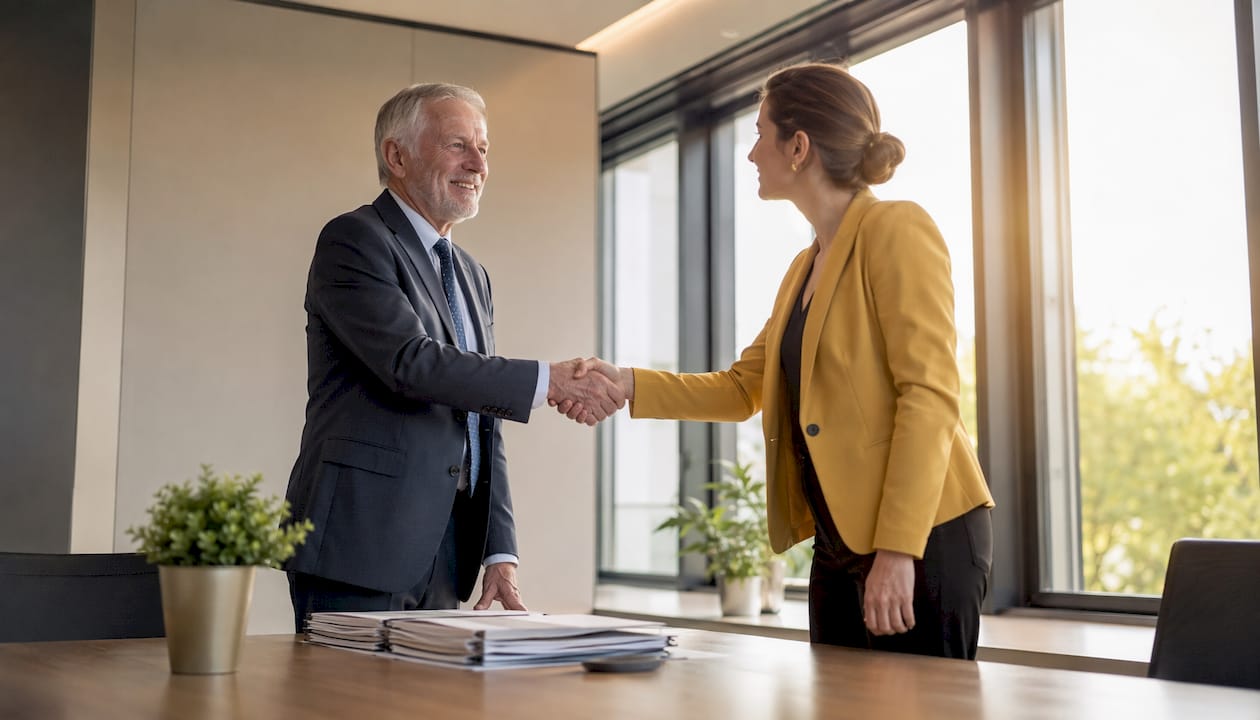 Vendor and manager handshake in meeting room