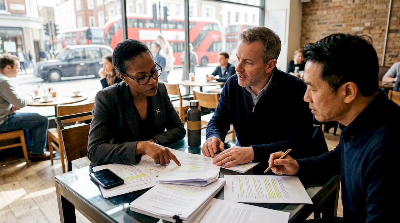 Management team reviewing buyout documents at table