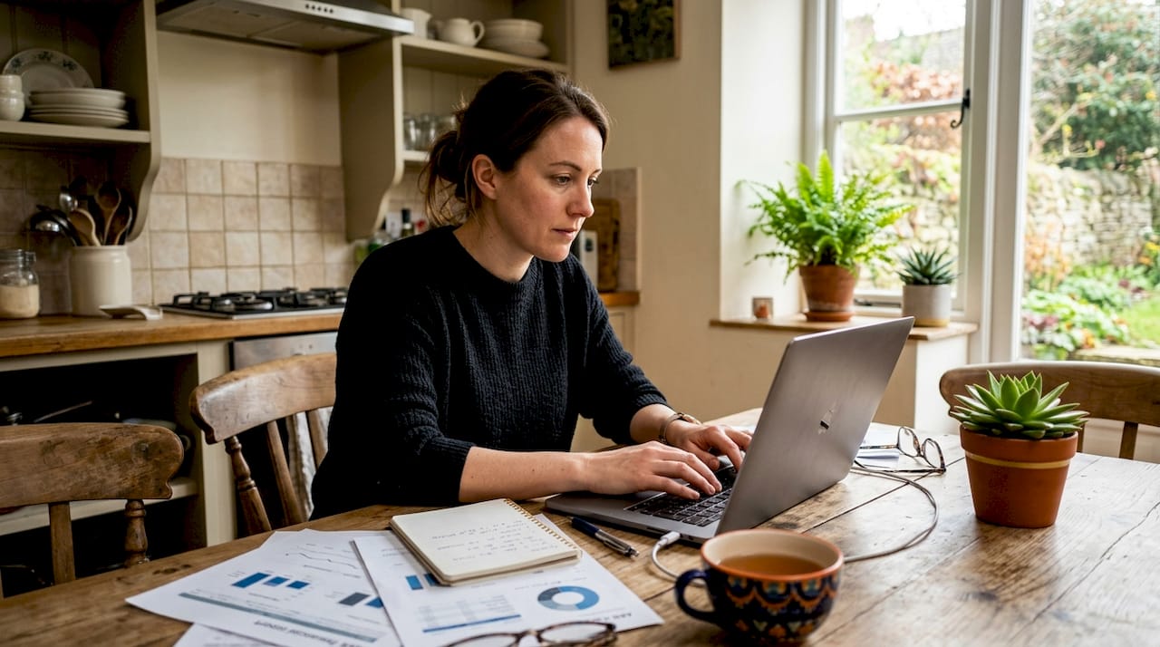 Hands typing on laptop with SaaS financial notes