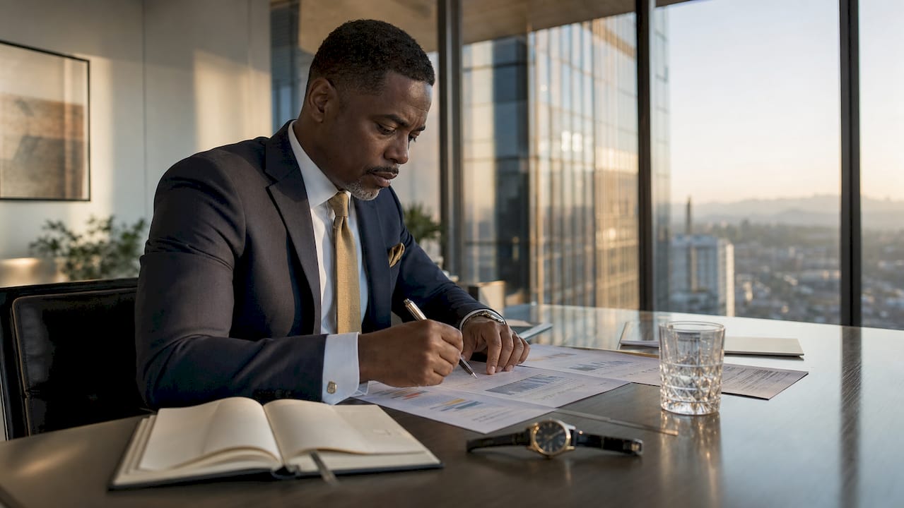 Fractional CFO reviewing financial documents at desk