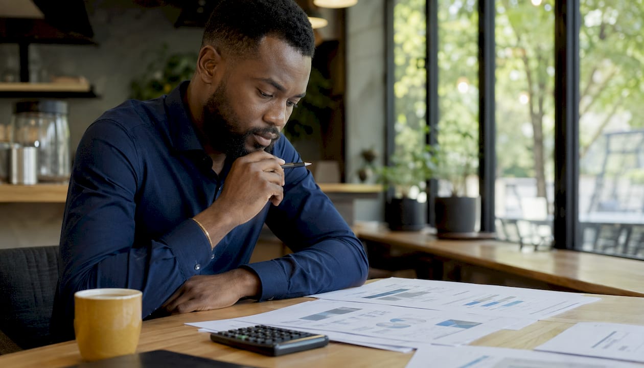 Close-up hands typing on laptop with financial papers