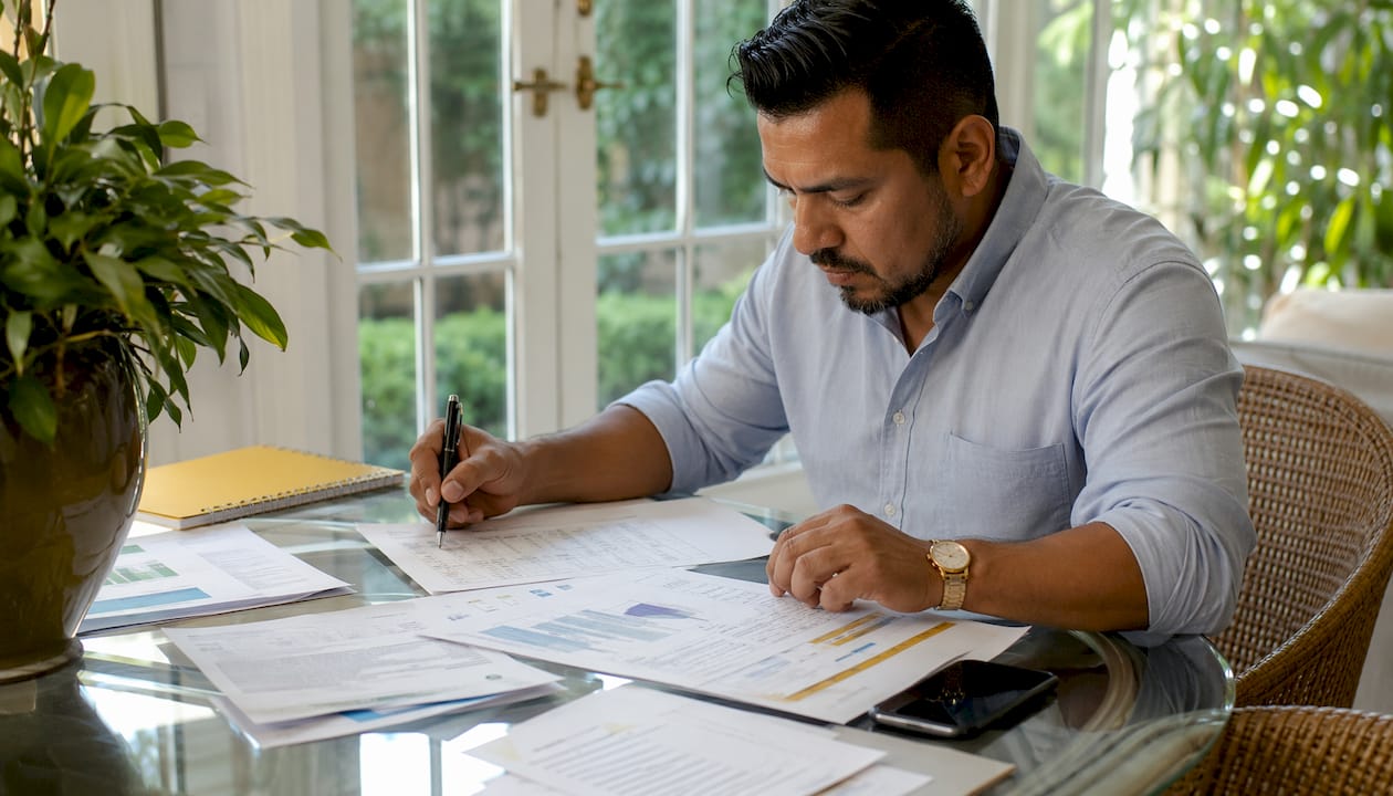 Hands examining sector-specific financial documents