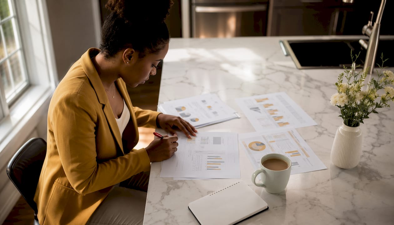 Professional woman reviewing financial data on tablet