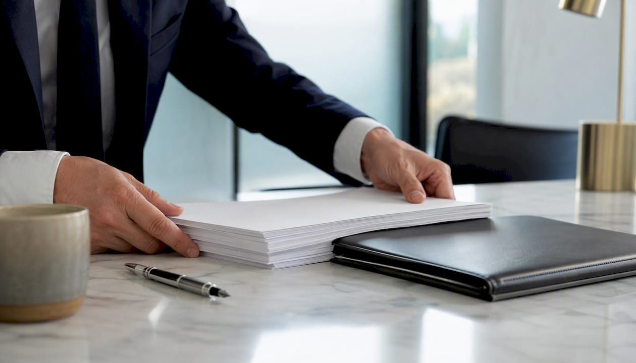 Hands arranging business sale documents