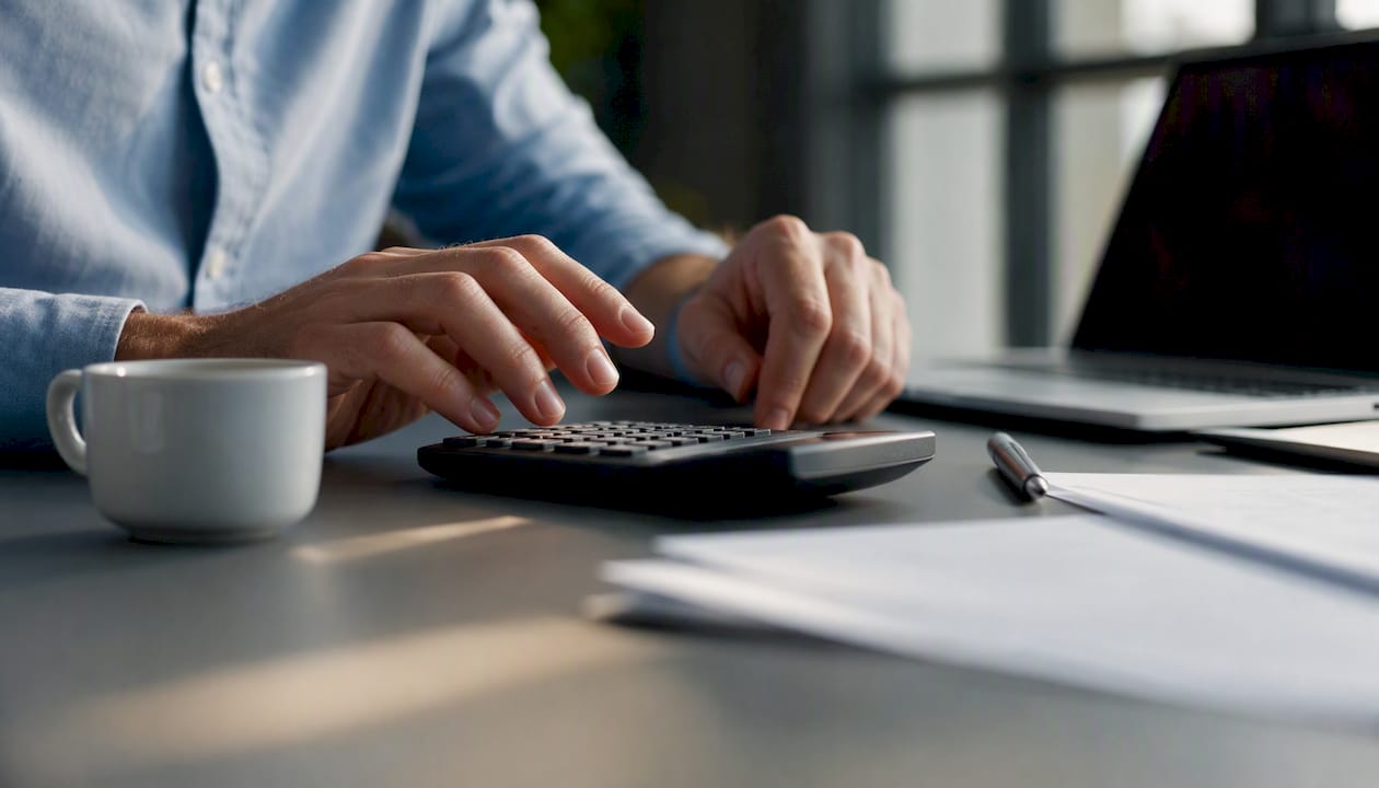 Hands using calculator with SaaS KPI documents