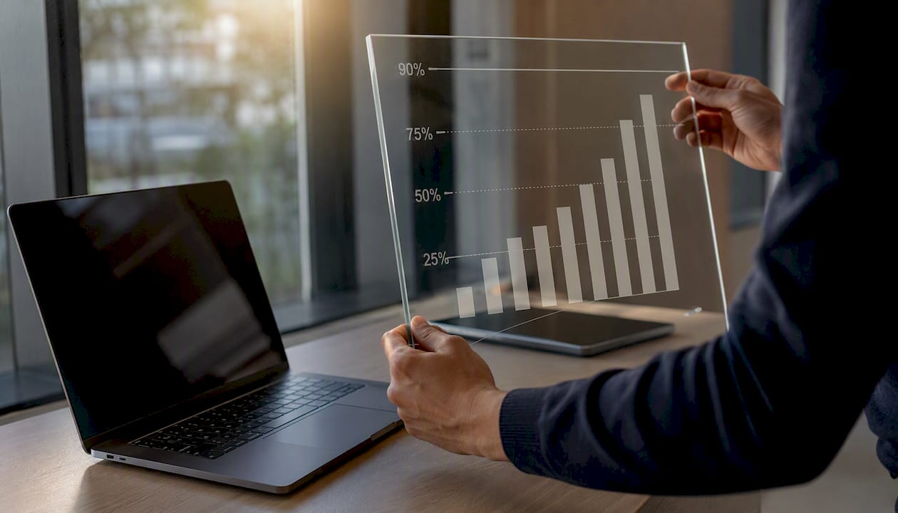 Hands adjusting KPI benchmark markers on glass board