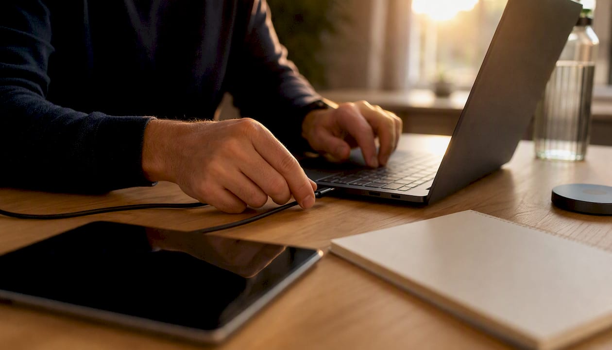 Hands plugging laptop charger on SaaS KPI desk