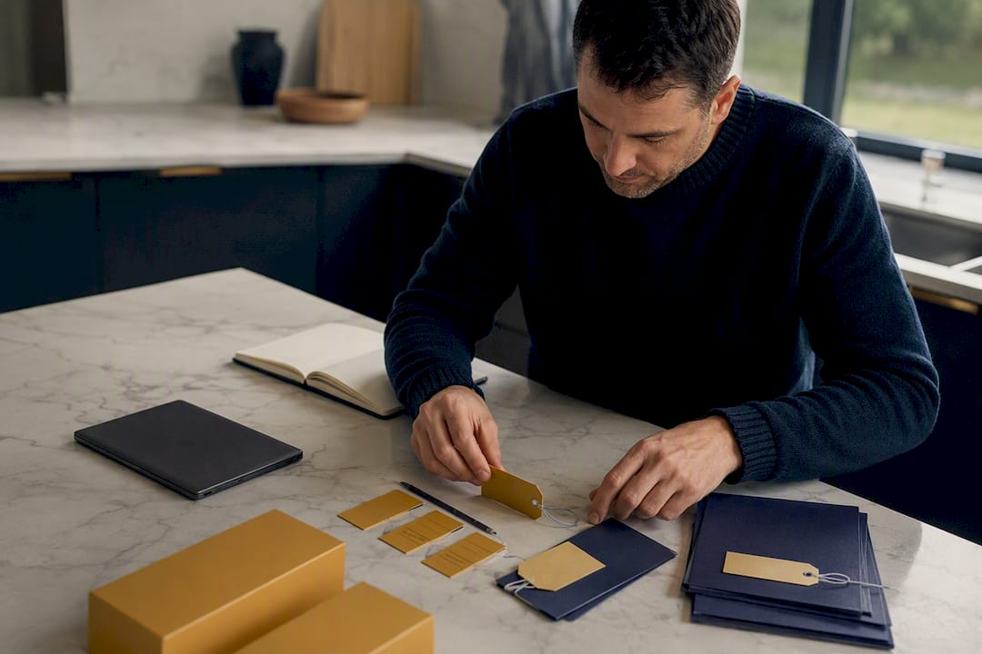 Hands arranging asset tags on desk