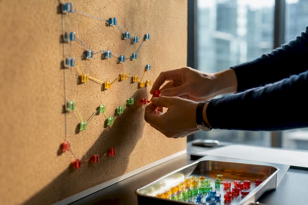 Hands placing colored markers on glass dashboard