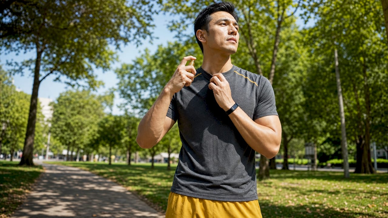 Athlete applying spray atomizer outdoors