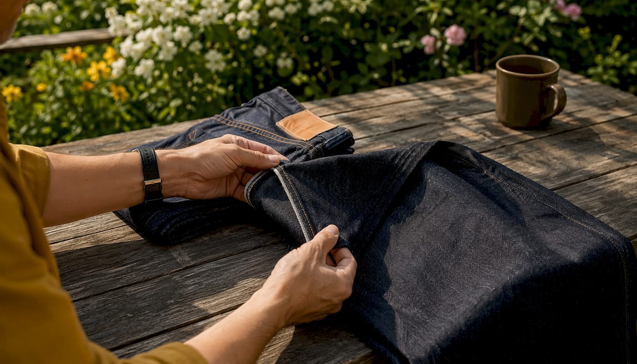 Hands comparing branded and unbranded denim fabric closely