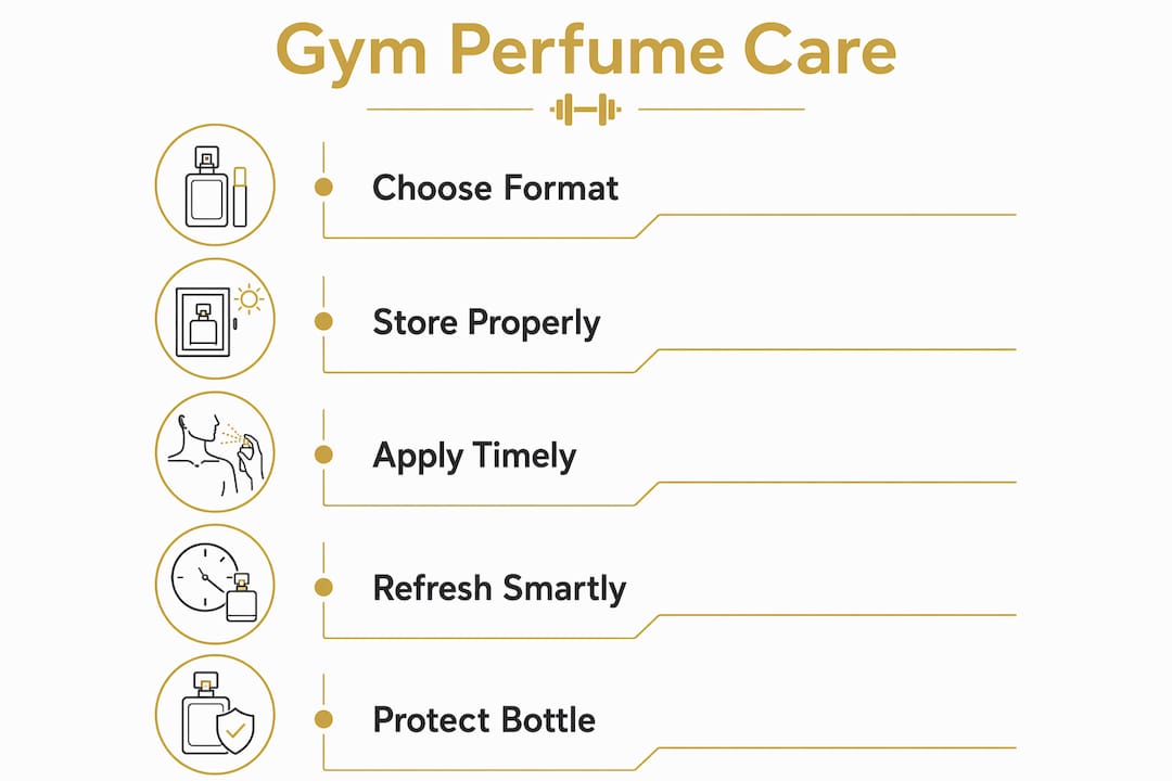 Infographic showing key steps to carry and care for perfume at gym