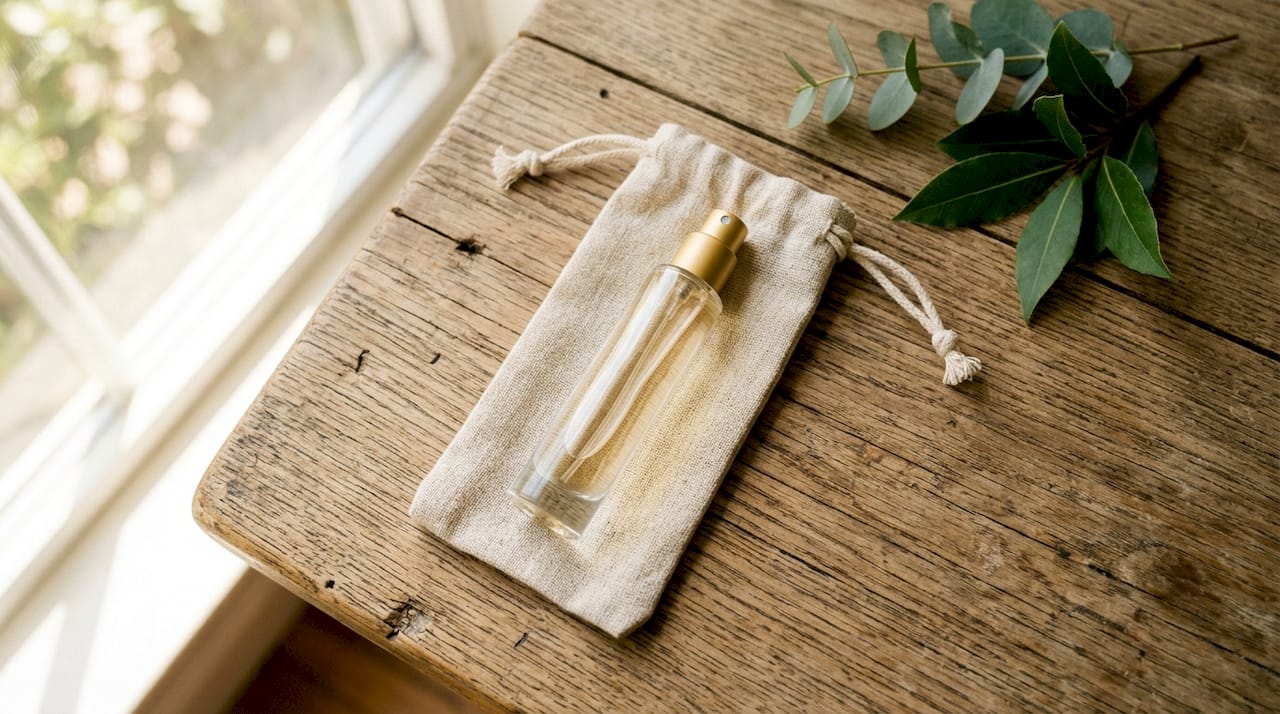 Close-up of glass perfume atomizer vial in metal case