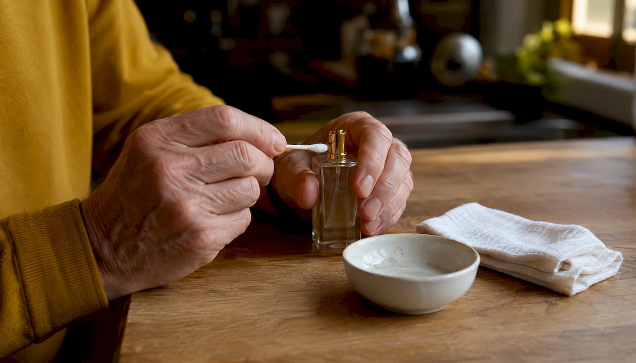 Close-up of cleaning clogged perfume nozzle
