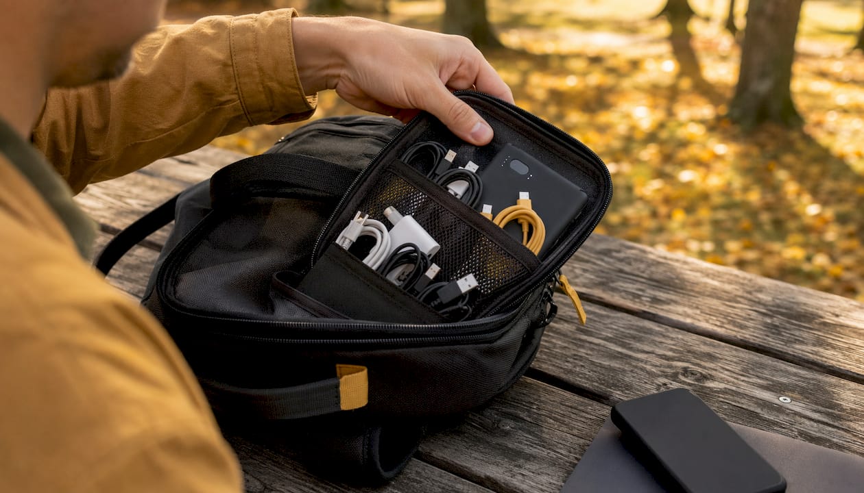 Close-up of tech cables in zippered pouch on desk