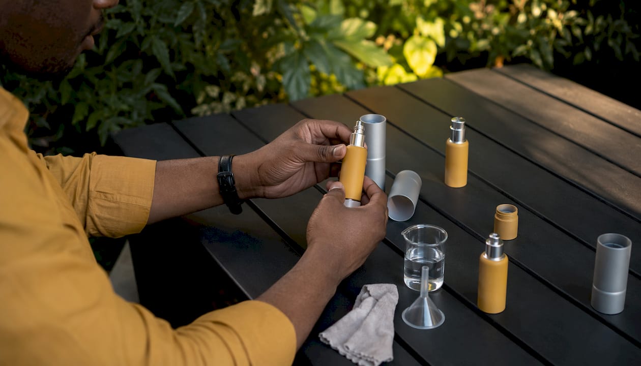 Hands assembling travel perfume spray bottles with silicone sleeves