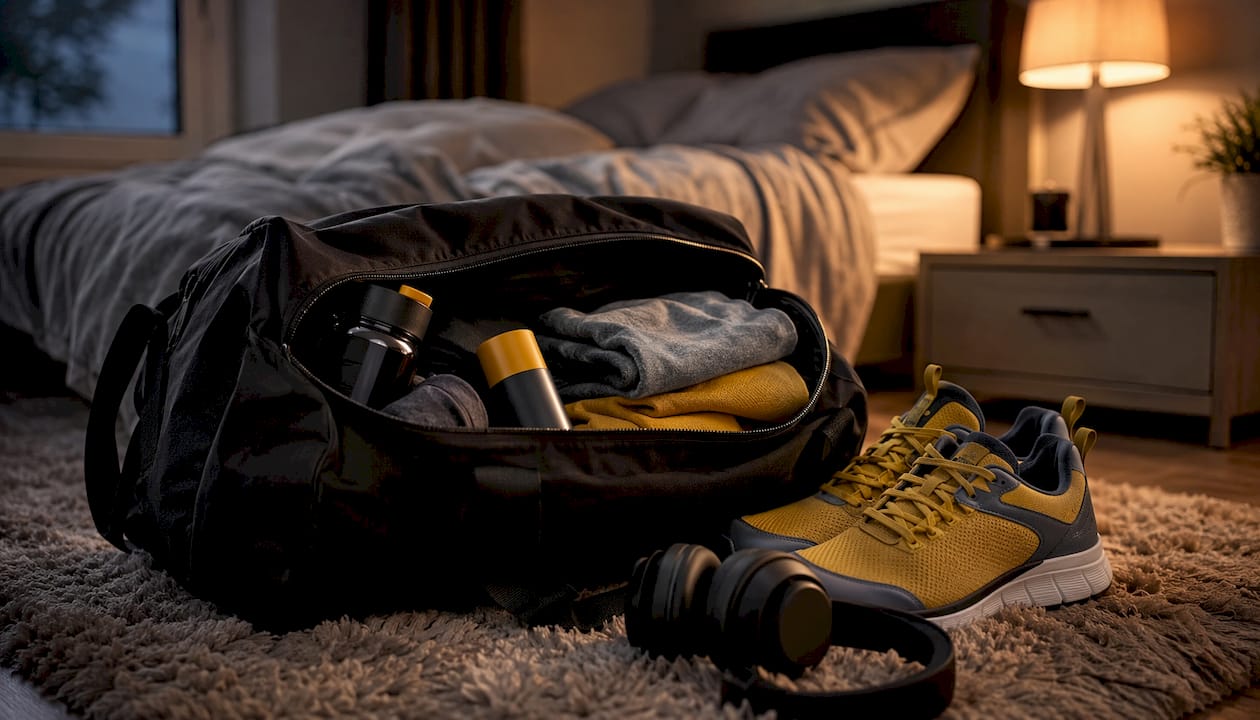 Pre-packed gym bag with essentials laid out