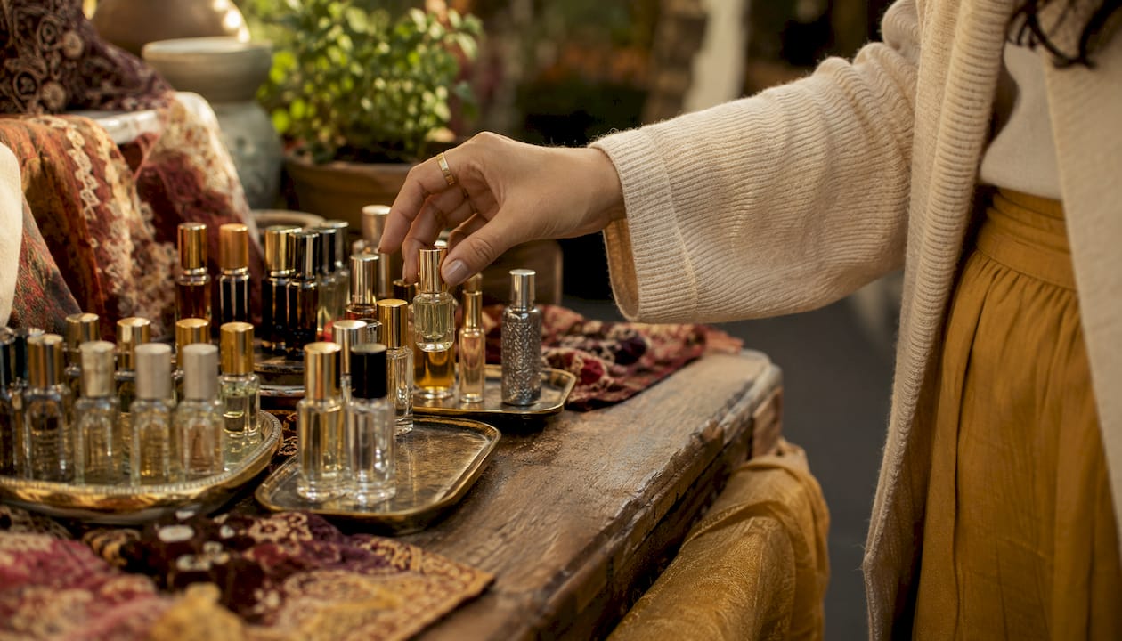 Hand choosing mini perfume bottle material