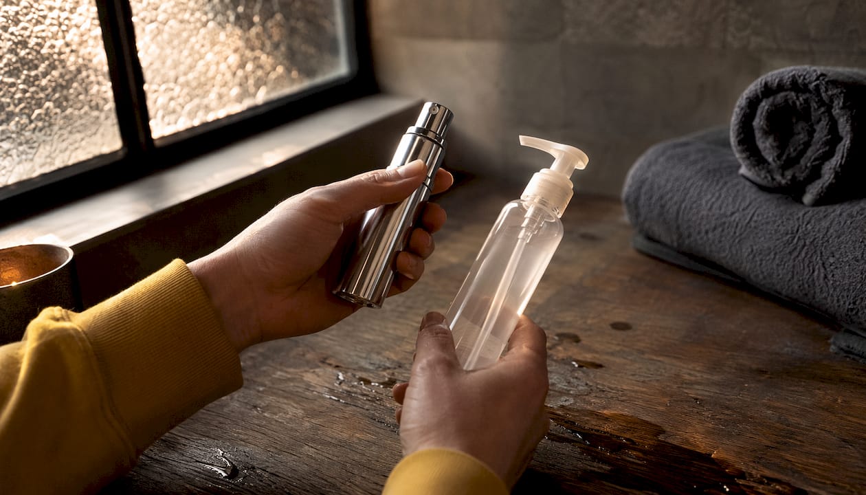 Close-up of hands comparing travel pump bottles