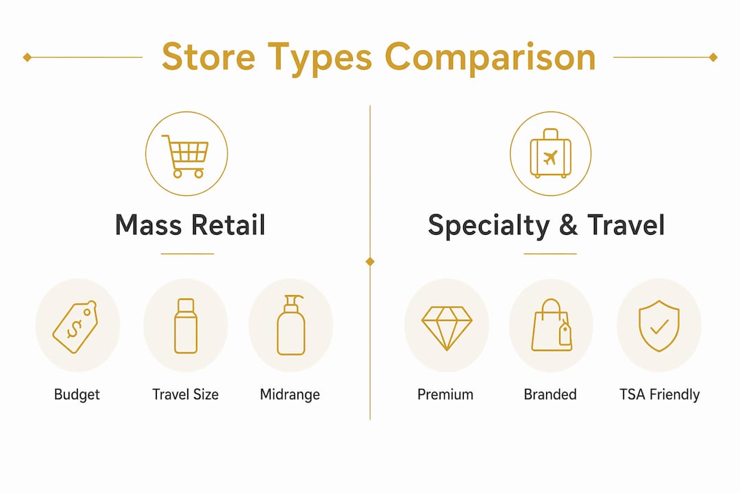 Infographic comparing store types for refillable perfume bottles