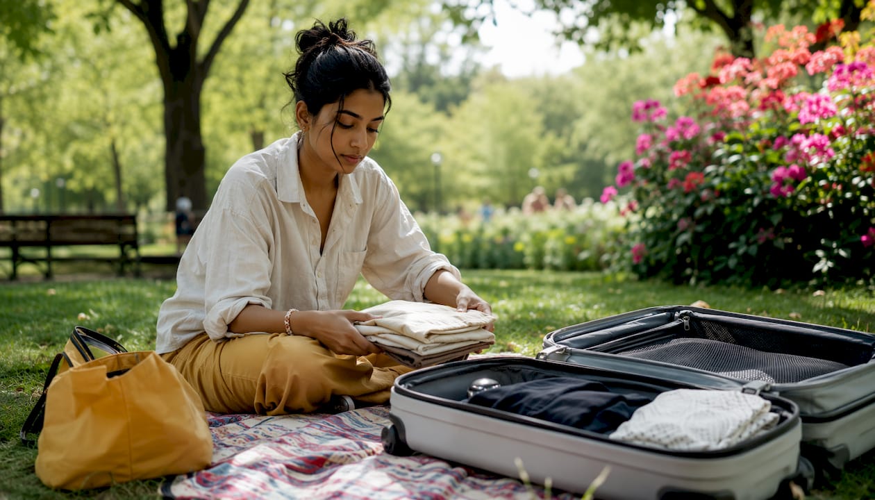 Traveler selecting versatile clothing items on bed
