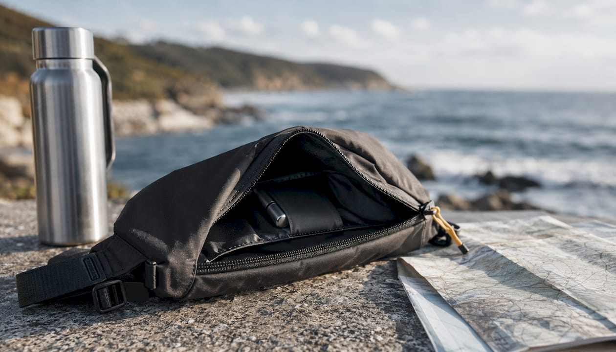 Close-up of sling bag zipper and padded pocket with atomizer