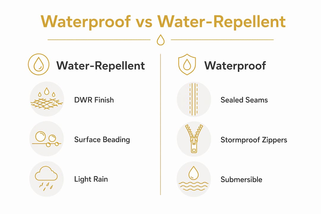 Infographic comparing waterproof and water-repellent sling bag features