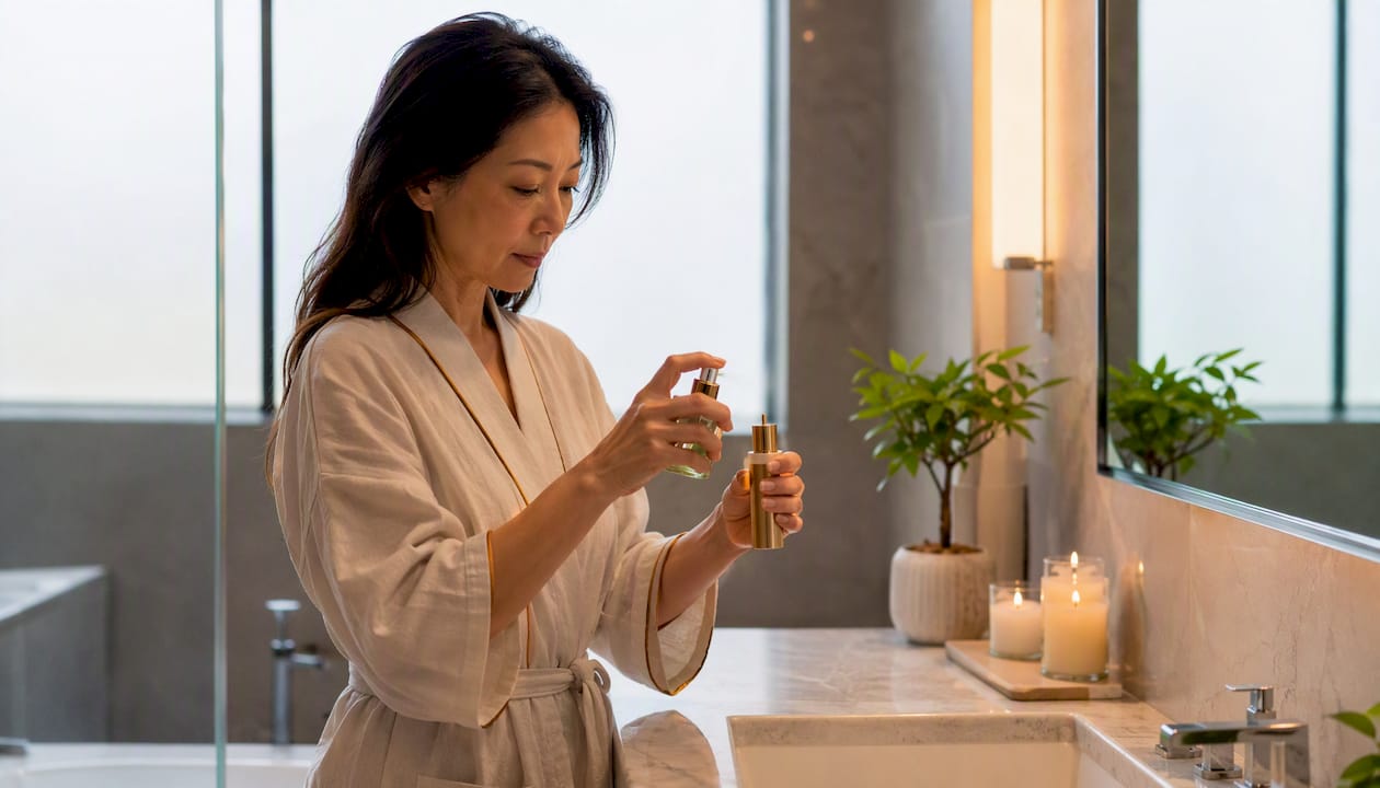 Hands spraying perfume into glass atomizer