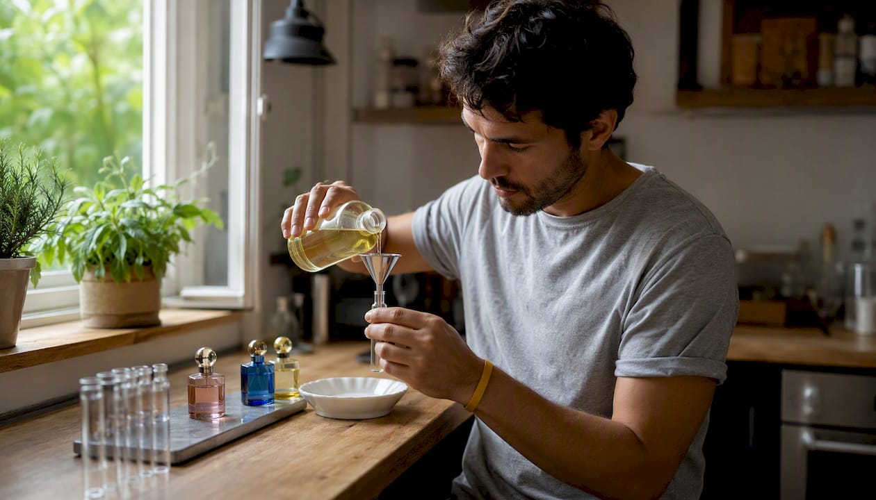 Overhead view of funnel pouring perfume into vial