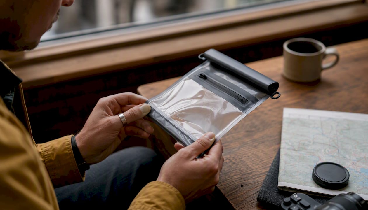 Close-up of waterproof pouch seam inspection