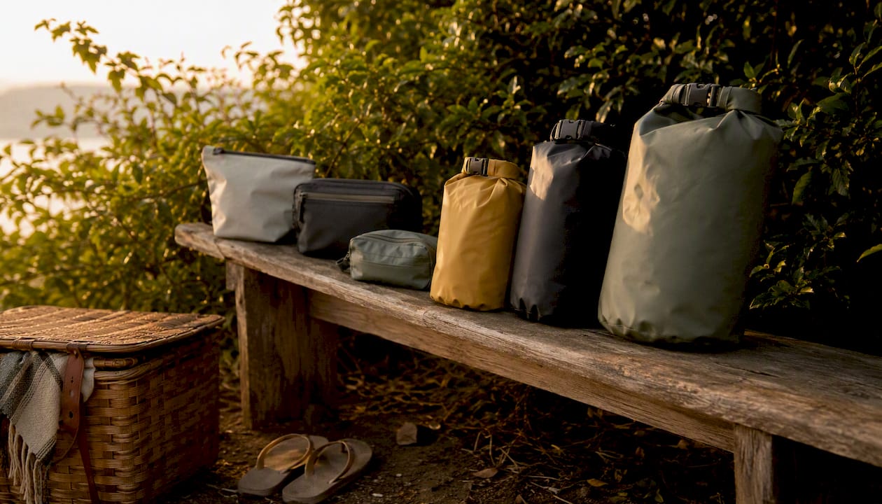 Waterproof pouches displayed on marina picnic table