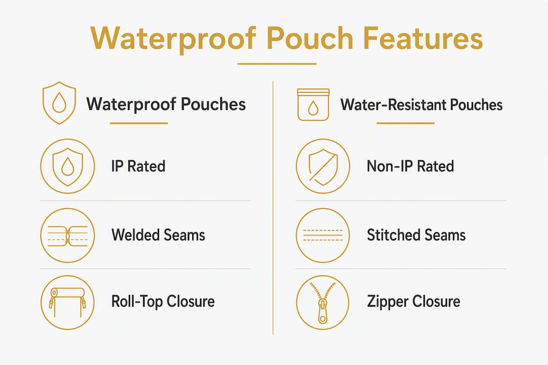 Infographic comparing waterproof vs water-resistant pouches