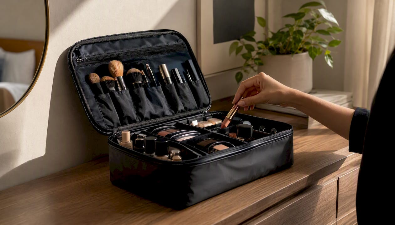 Large travel makeup bag open with organized compartments