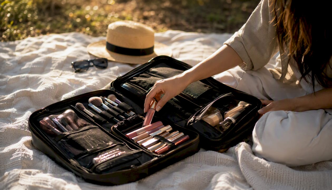 Lay-flat travel makeup bag open with cosmetics inside