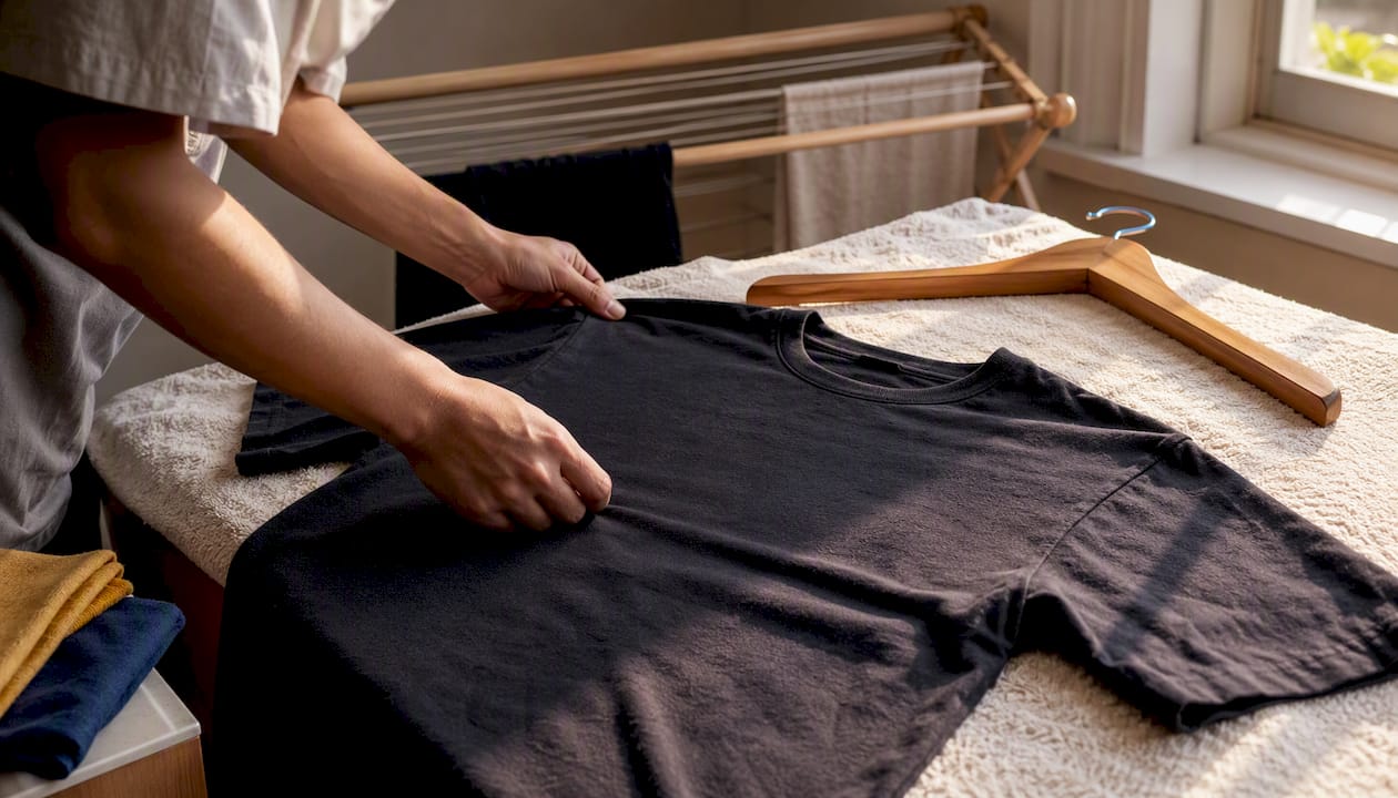 Hands laying heavyweight tee flat to dry