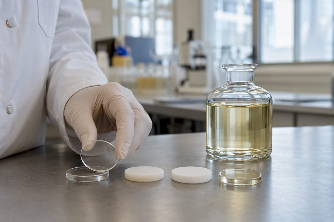 Polymer samples beside fragrance liquid